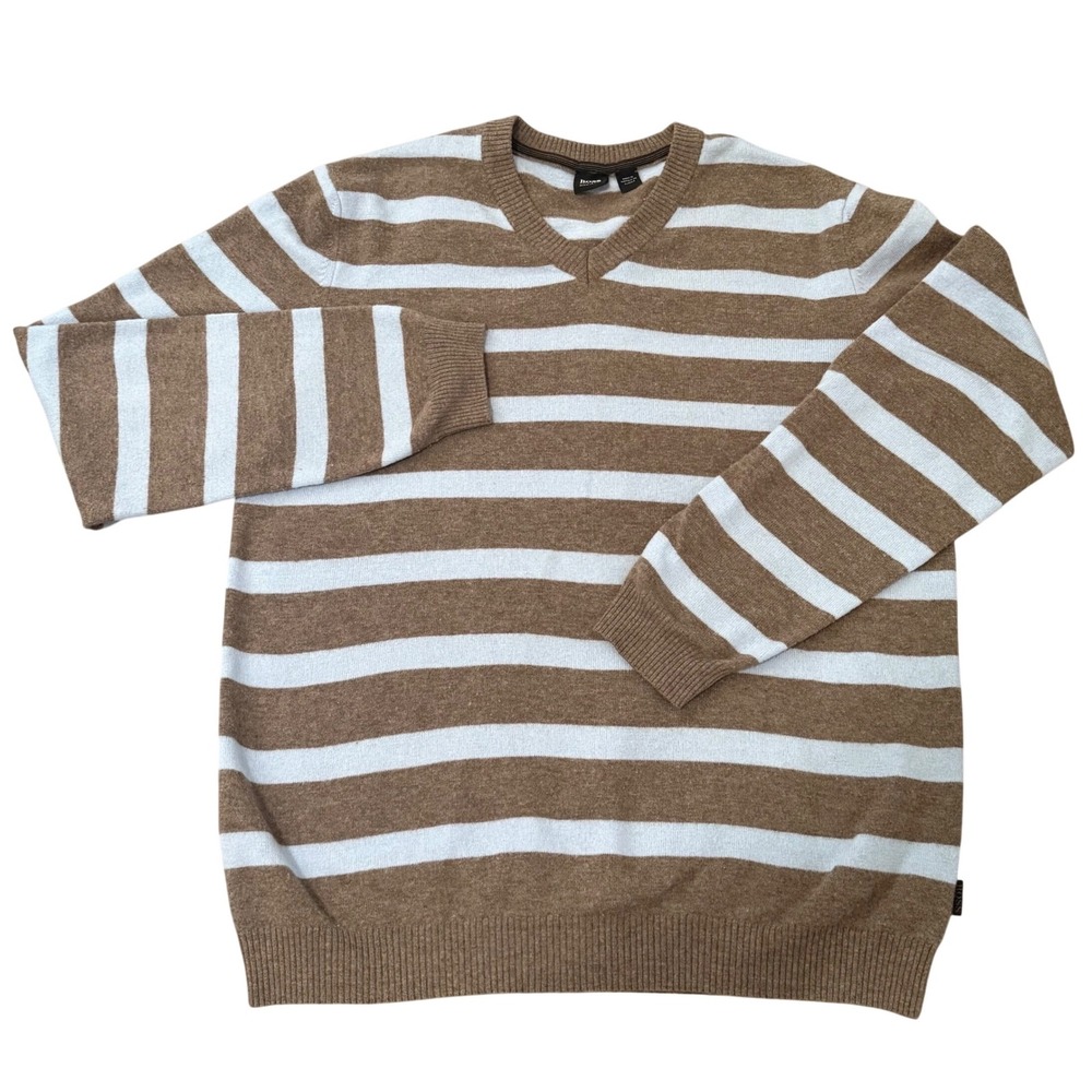 Hugo Boss Mens Large V-Neck Striped Sweater Brown Light Brown Long Sleeve Knit